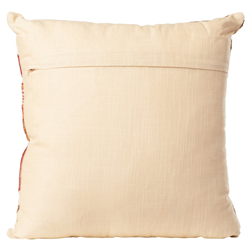 Beige and Red Floral Embroidered Cotton Velvet Throw Pillow