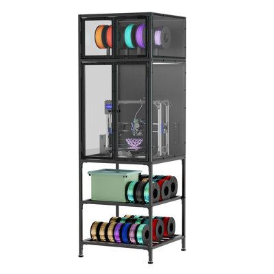 Armoire pour imprimante 3D à double couche avec rangement pour filament, acrylique noir et cadre en métal