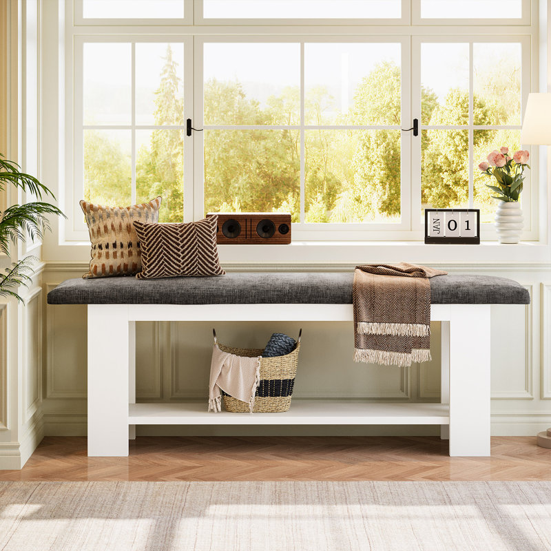 47" Farmhouse Entryway Shoe Bench With Cushion, Wooden End Of Bed Bench With Storage Shelf