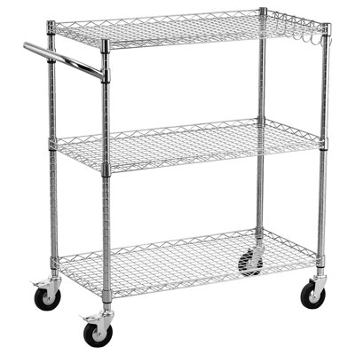 Chariot de cuisine, chariot de rangement réglable en fil métallique robuste à 3 niveaux, chariot de service roulant sur roulettes en acier commercial, table de travail avec barre de poignée, pour le garage et la salle de lavage, 35 x 17,8 x 40,9 po