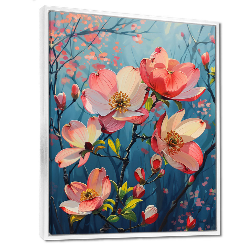 Collage de fleurs de cornouiller rose et bleu, H 24 po x l 32 po, Cadre flottant blanc