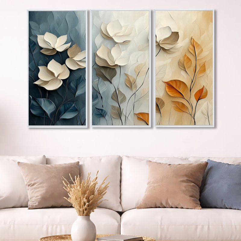 Autumn Sky Blossoms II - ensemble d'art mural encadré botanique de 3, H 32 po x l 48 po, White Floater Framed