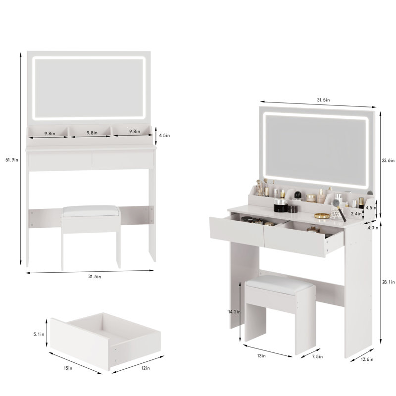 31" X 20" Makeup Vanity Table With Extra Large Led Mirror And Soft Cushion Stool, 3 - Color Lighting, Adjustable Brightness By Touch, Storage, Compact For Small Nursery Spaces, American Design White