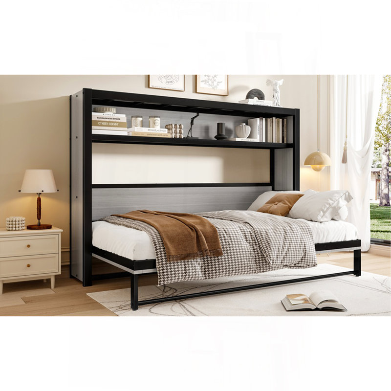 Lit escamotable simple avec tablettes, lit mural en métal au design pliable et peu encombrant, gris