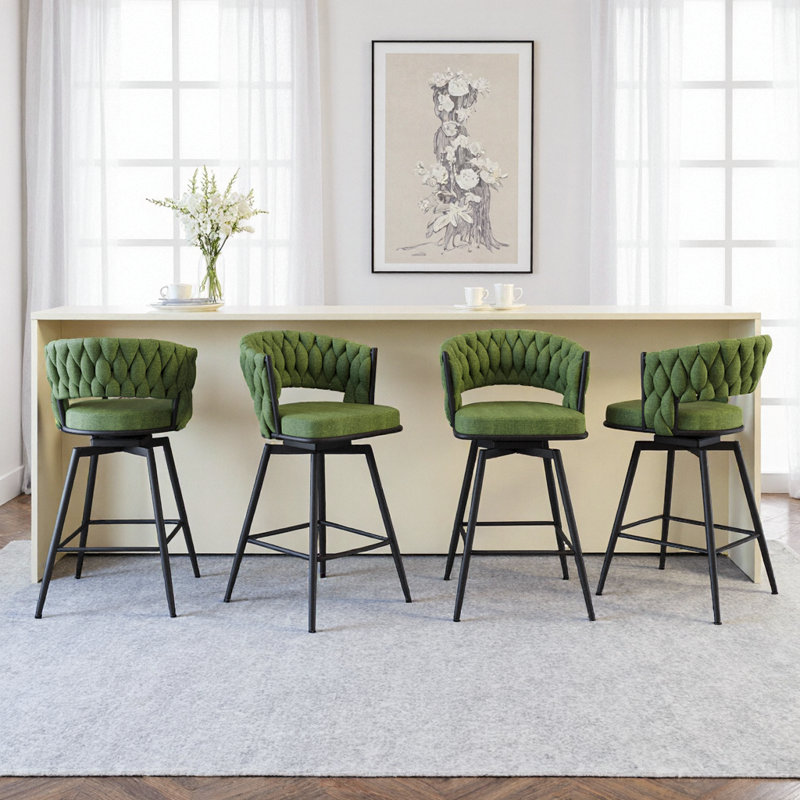 Paquet de 4 chaises de bar pivotantes vertes avec dossier tissé, accoudoirs et repose-pieds