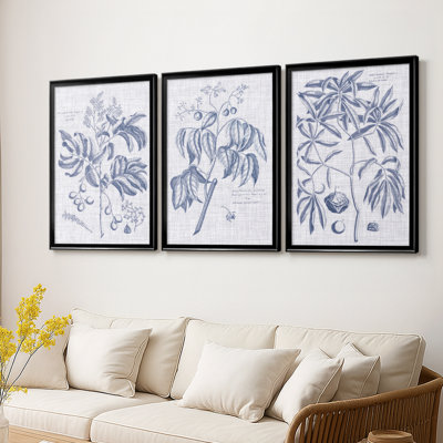 Bleu marine et lin botanique IV - Toile tendue avec châssis sur mesure - 3 pièces