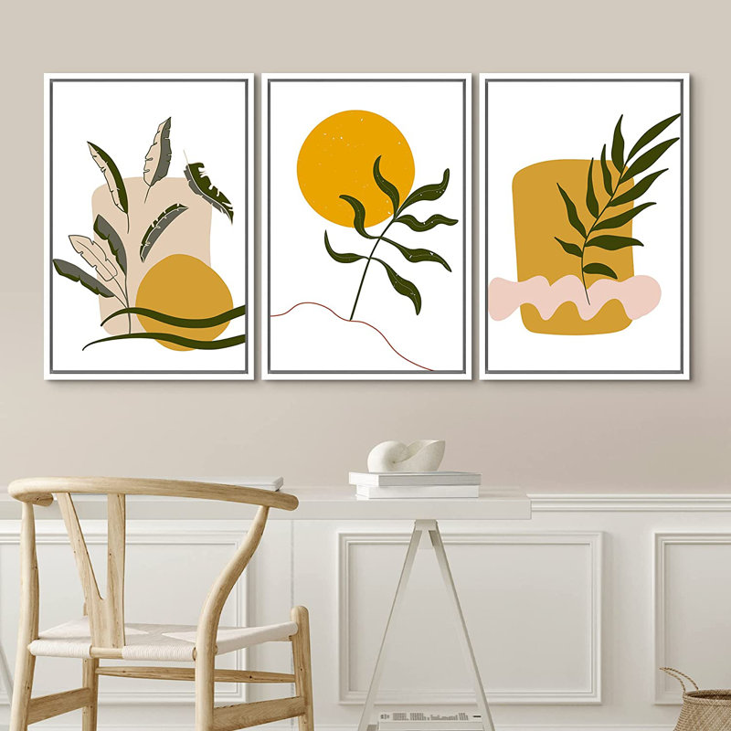 «Mid Century Shape Abstract Shapes Botanical Plant», 3 pièces, cadre flottant, impression sur toile, Blanc