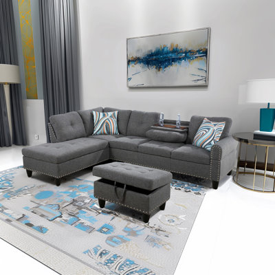 Ensemble de canapé modulaire 3 pièces en lin gris avec méridienne, repose-pieds et porte-gobelets