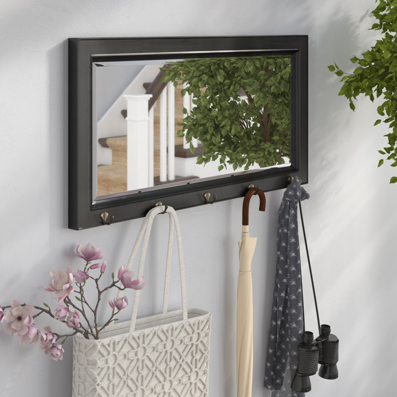 Carmaletta Wall Mirror with Hooks, Black