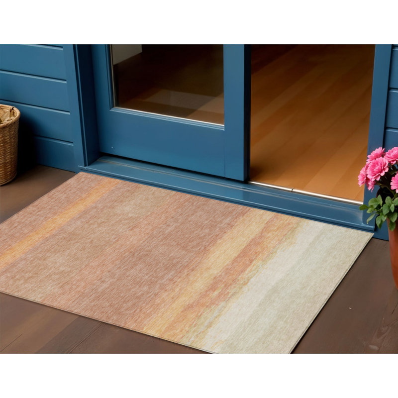 3' X 5' Salmon Striped Washable Indoor Outdoor Area Rug