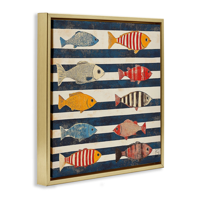 Cadre maritime flottant à motif de poisson maritime, par Sara Culpepper, H 25 po x l 25 po, Cadre flottant métallique doré