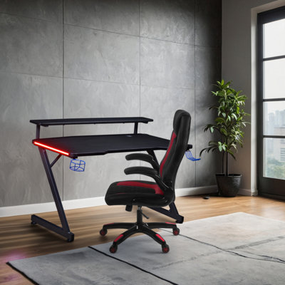 Bureau d'ordinateur de jeu à DEL 48 po avec tablette Riser Orlene Series, passe-œillets intégré, porte-gobelet et crochet pour casque - fibre de carbone noir