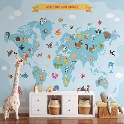 Kids Blue World Map With Animals Wall Mural, Educational Cartoon Geography Design, Nursery Playroom Bedroom Wallpaper Decor