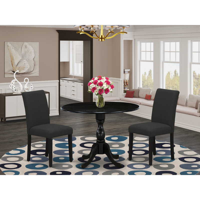 3 Piece Modern Dining Table Set Contains a Round Wooden Table with Dropleaf and 2 Black Color Linen Fabric Upholstered Chairs, Wire brushed Black