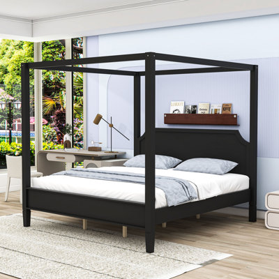 Lit plateforme à baldaquin en bois avec tête de lit et lattes intégrées