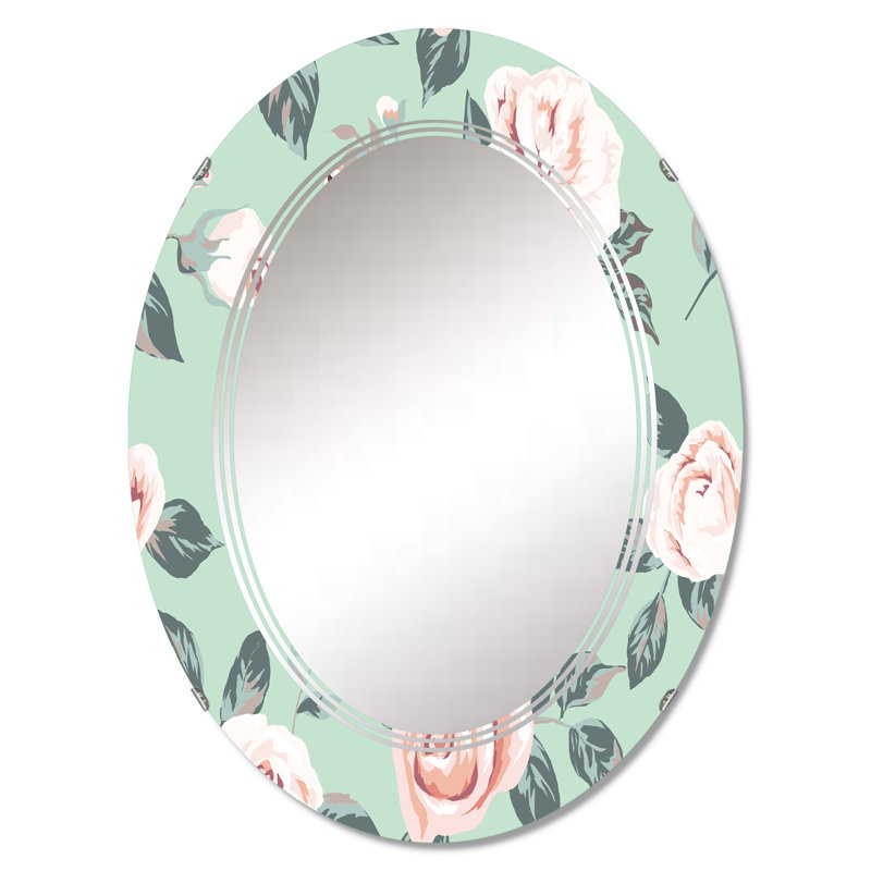 Miroir mural rétro à motif de roses rétro sur fond vert I, 30 po x 20 po