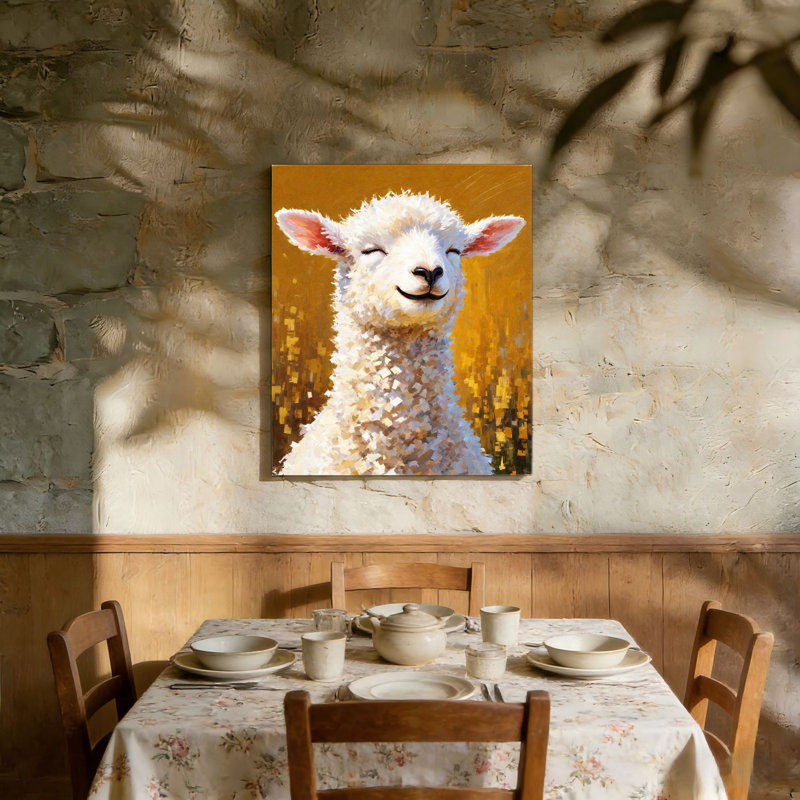 Sourire d'agneau blanc, cadre en bois à l'arrière intégré, art mural, 36 L x 24 W