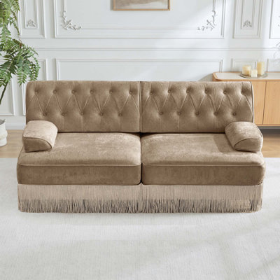 Canapé-lit de style Chesterfield en tissu de velours doux à boutons et à jupe à franges, facile à assembler