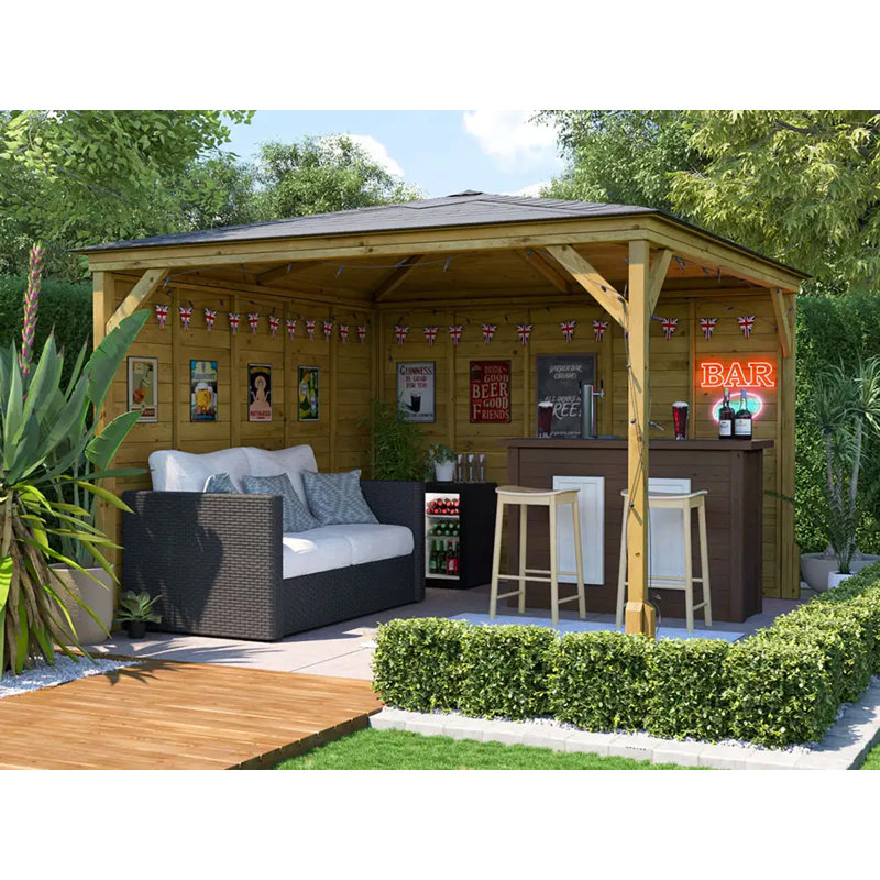 Dunster House Garden Bar Gazebo 3m x 3m Black Roof Shingles, Utopia Heavy Duty Garden Shelter with Log Bar Included