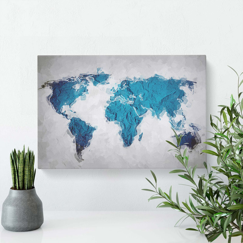 Teal Blue Map Of The World In Abstract - Wrapped Canvas Painting, 50cm H x 76cm W x 3cm D