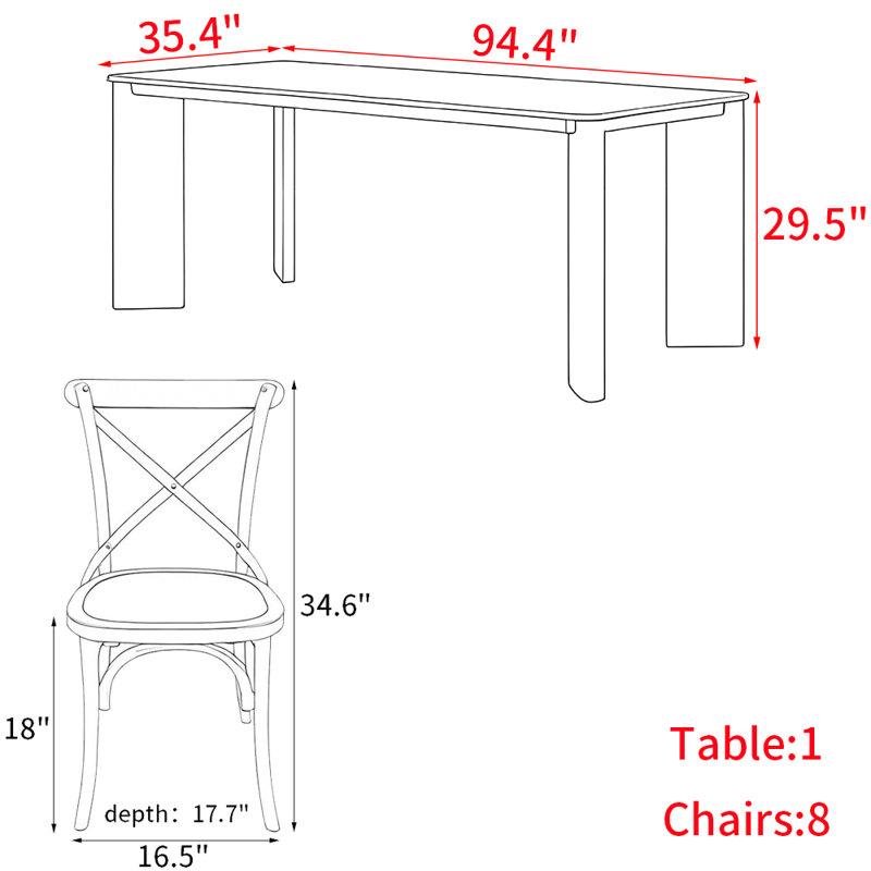Ensemble de table de salle à manger simple en bois massif de style nordique, H 29,5 po x L 94,4 po x l 35,4 po
