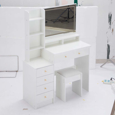 41" Large Size Left Bedside Cabinet Vanity Table+Cushioned Stool, Extra Large Touch Control LED Mirror, 3-color Switch, Multi Layer High Capacity Storage Fashionable Dresser, Suitable For Large Space