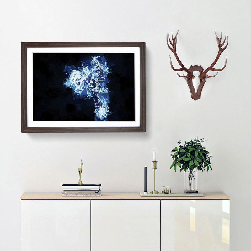 Blue Neon Motocross in Abstract - Picture Frame Painting Print, Walnut Framed, 62cm H x 87cm W x 2cm D