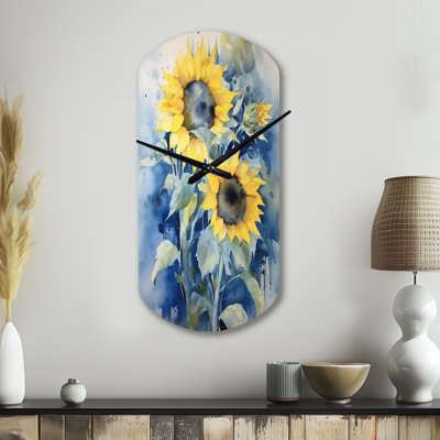Jaune jaune bleu tournesol doré - horloge murale asymétrique florale