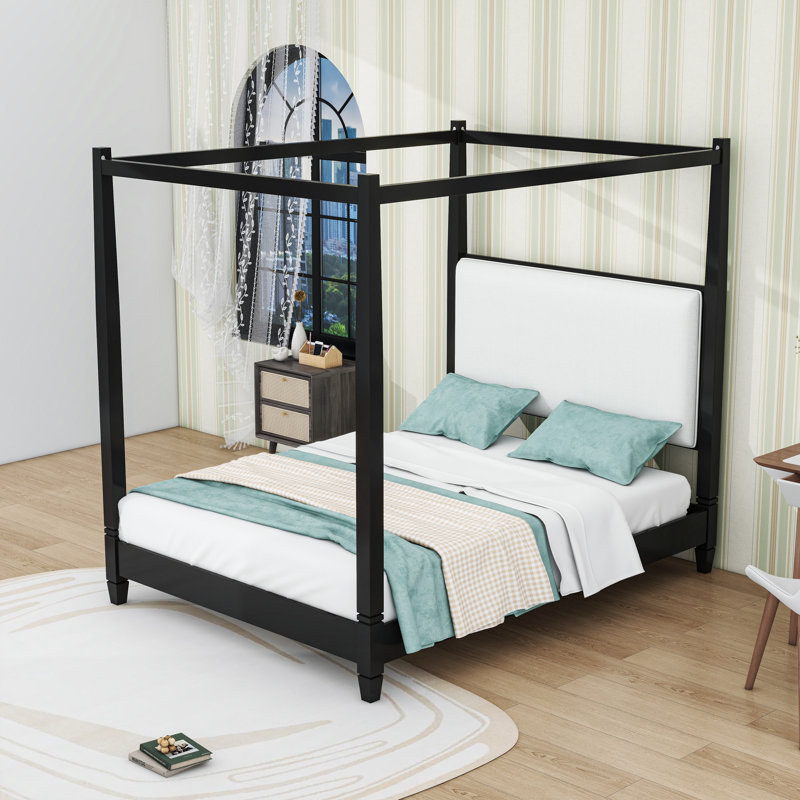 Lit plateforme à baldaquin en bois avec tête de lit tapissier, Grand lit, Noir