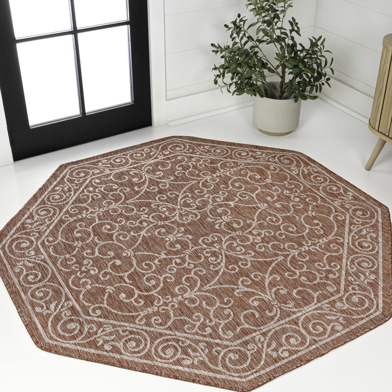 Hagerman Vintage Filigree Textured Weave Red/Beige Indoor/Outdoor Rug, Octagon 7'9"
