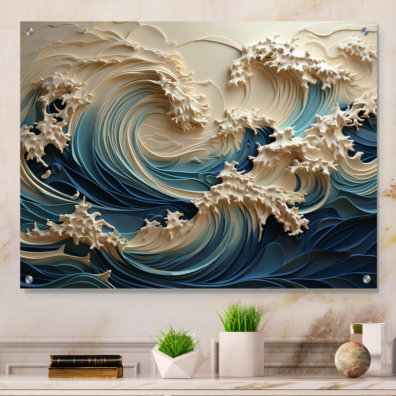 Art mural en acrylique Annison - vague blanche et bleue Papercut Style III, H 12 po x l 20 po