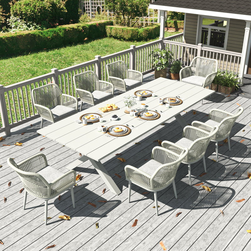 Outdoor Dining Set With Rectangular Dining Table, 8, White, Light Grey Cushion/ White Frame