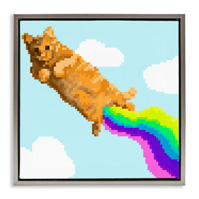 Flying Rainbow Pixel Cat Brown Framed Floater Canvas Wall Art by June Erica Vess