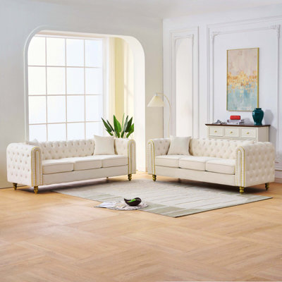  3+3 Seater Modern Loveseat Sofa Set, Chesterfield Style With Button Tufted Rolled Arms & Gold Legs For Primary Living Space