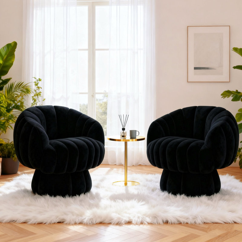 Fauteuil demi-tonneau rembourré rembourré avec coussin, Velours noir