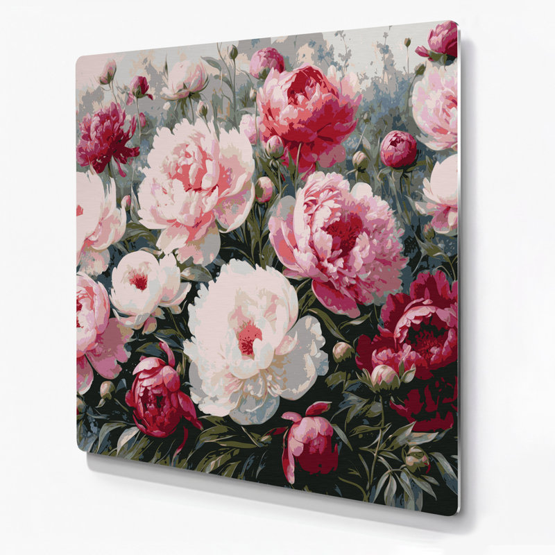 Art mural en métal beige pivoines botaniques, H 16 po x l 16 po