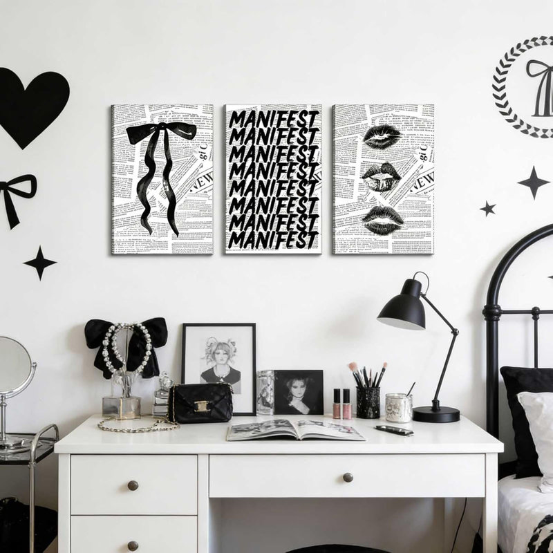 3 pièces à la mode en toile noire et blanche sur toile BCBG rétro, lèvres et nœuds et images du manifeste