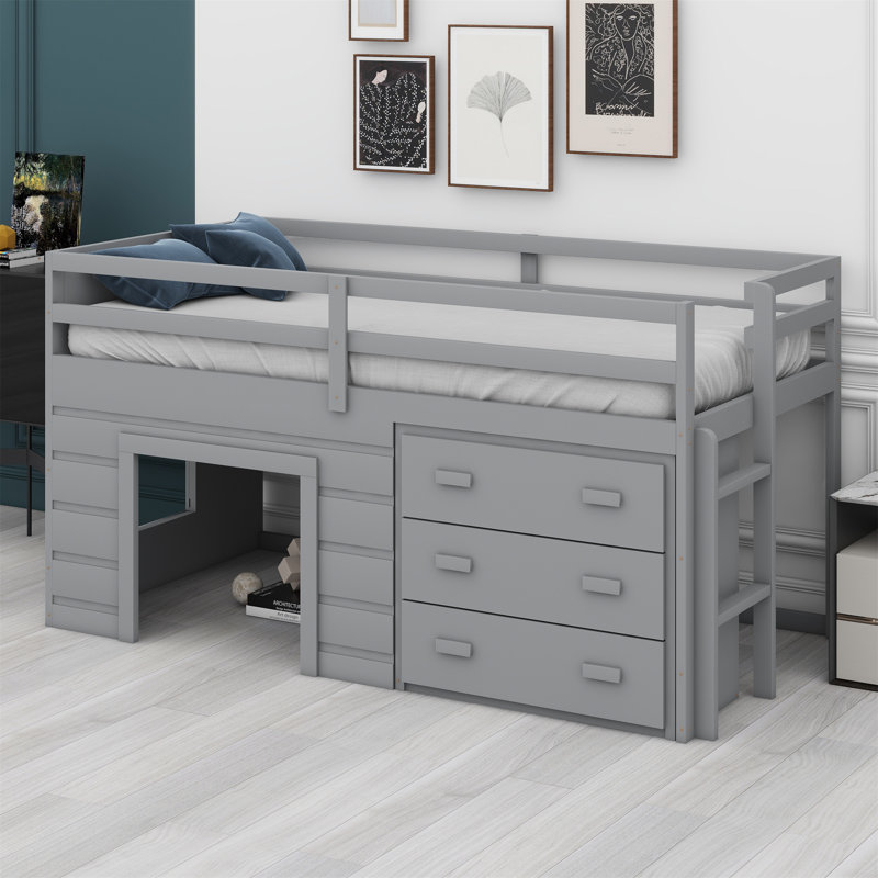 Lit mezzanine avec tiroirs et tablette, Gris