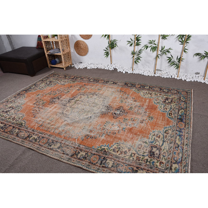Tapis géométrique, tapis neutre, grands tapis de 6,3 x 9,4 pi, tapis modernes orange, tapis turcs, tapis rétro