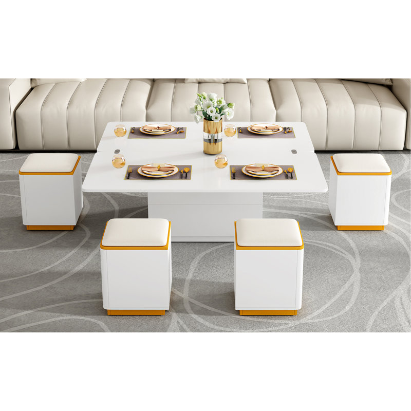 Table basse à plateau relevable avec 4 tabourets de rangement, table basse moderne avec plateau pliable, table basse réglable multifonctionnelle pour le salon