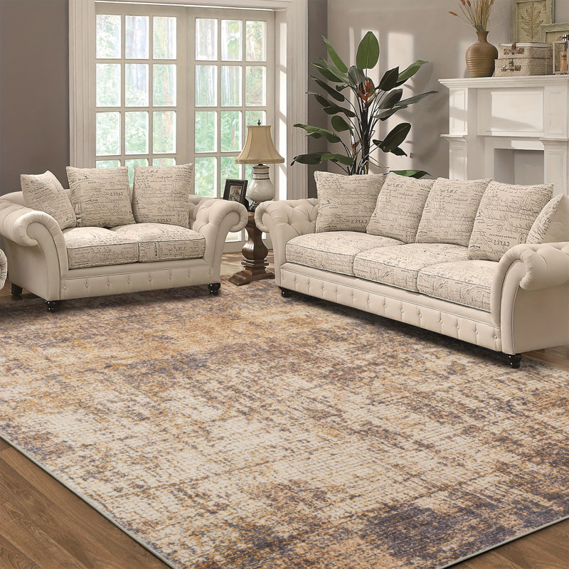 Golden Mist Abstract Distressed Machine Washable Area Rug, Rectangle 9' x 12'