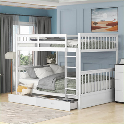 Lit double superposé au dessus d'un lit double avec tiroirs de rangement - Structure convertible en bois de pin, sans sommier, blanc pour chambre d'amis