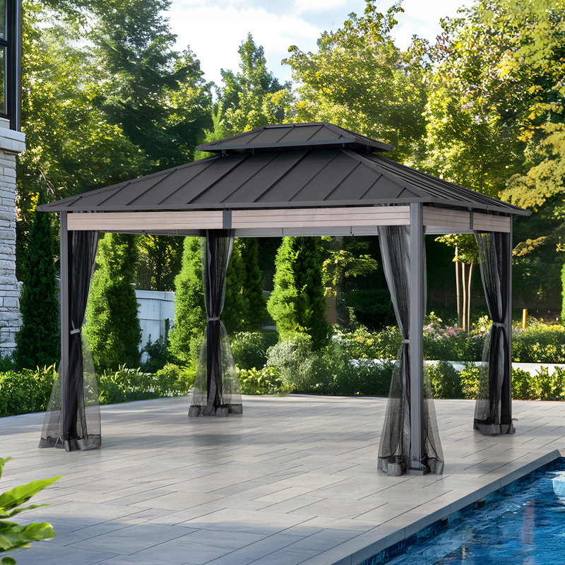 Pavillon de jardin robuste à toit rigide 10 pi x 12 po avec moustiquaire et poutres apparentes SUNJoy