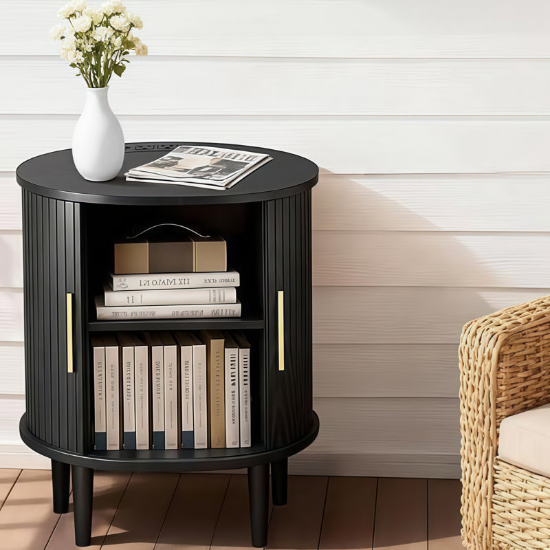 19.69'' W 2 Pieces Wooden Nightstands With Storage Cabinet, Oval End Tables With Adjustable Shelf And Charging Station(Black)