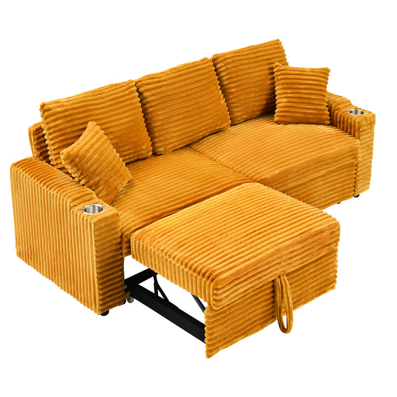 80 pouces orange, velours côtelé, trois sièges, coulissant, inclinable et pliable, porte-gobelet et coussins pour un salon en velours côtelé
