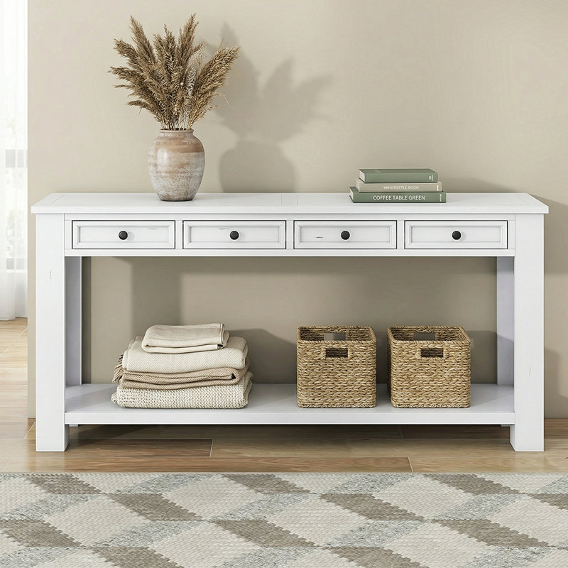 63"High-End Rustic Sofa Table With Drawers - Sturdy Craftsmanship, Hallway Storage Solution, White Wood