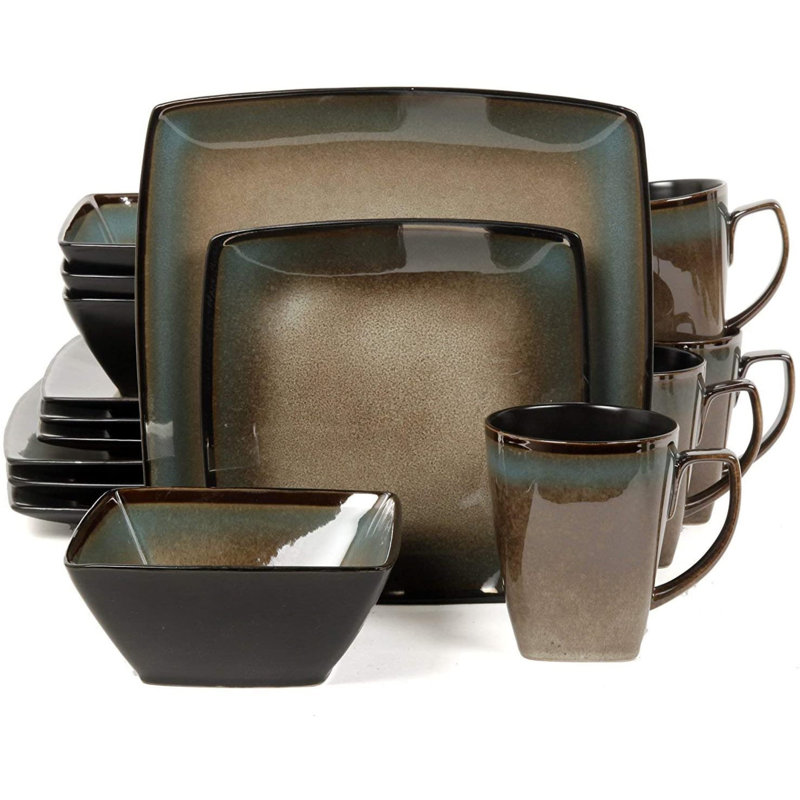Tequesta Taupe and Teal 16-Piece Square Ceramic Dinnerware Set