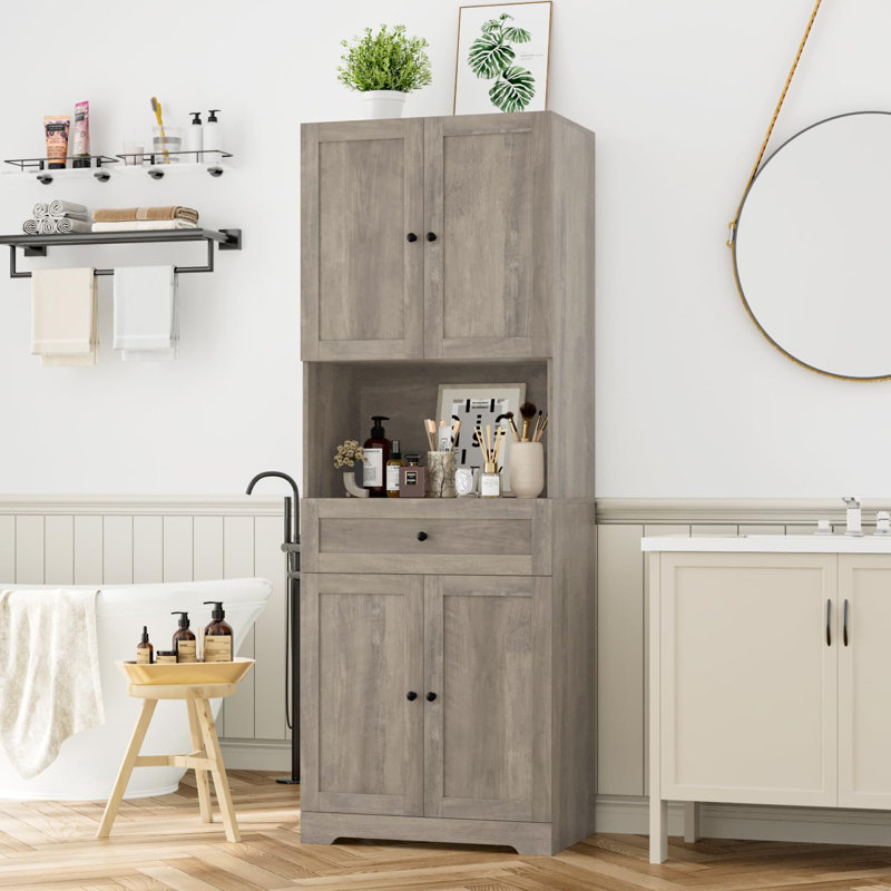 Armoire de rangement en lin 67 po avec 4 portes, larges tablettes et tiroirs pour la salle de bain, brun