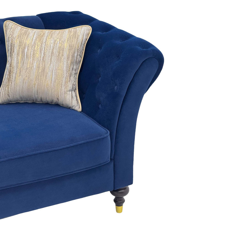 Canapé moderne en velours Chesterfield, canapé 3 places 88,5 po avec capitonnage à boutons profonds, accoudoirs roulés et pieds en bois brossé avec capuchon en métal brossé