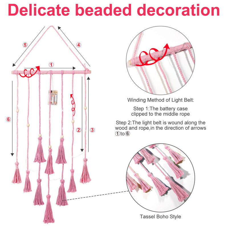 Macrame Photo Display Wall Decor with Lights, 30 Clip Picture Frame Collage, Pink